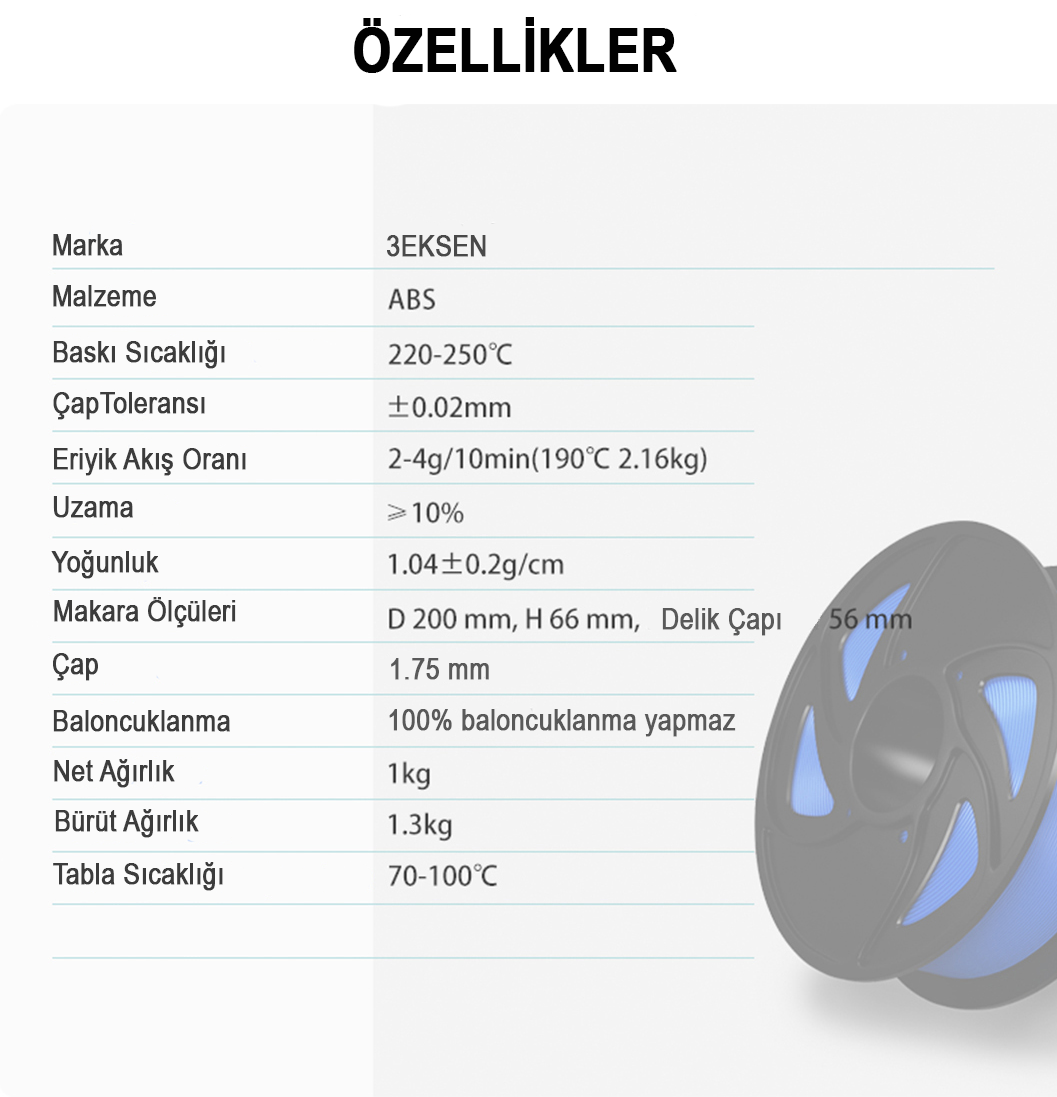 3EKSEN Beyaz ABS Filament / Nozul Tıkamaz / Düzgün Sarım