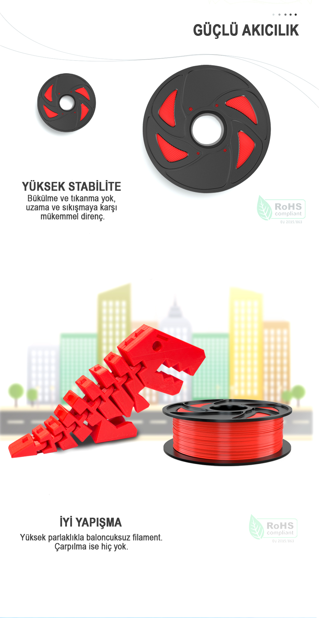 3EKSEN Kırmızı PLA Filament / Nozul Tıkamaz / Düzgün Sarım